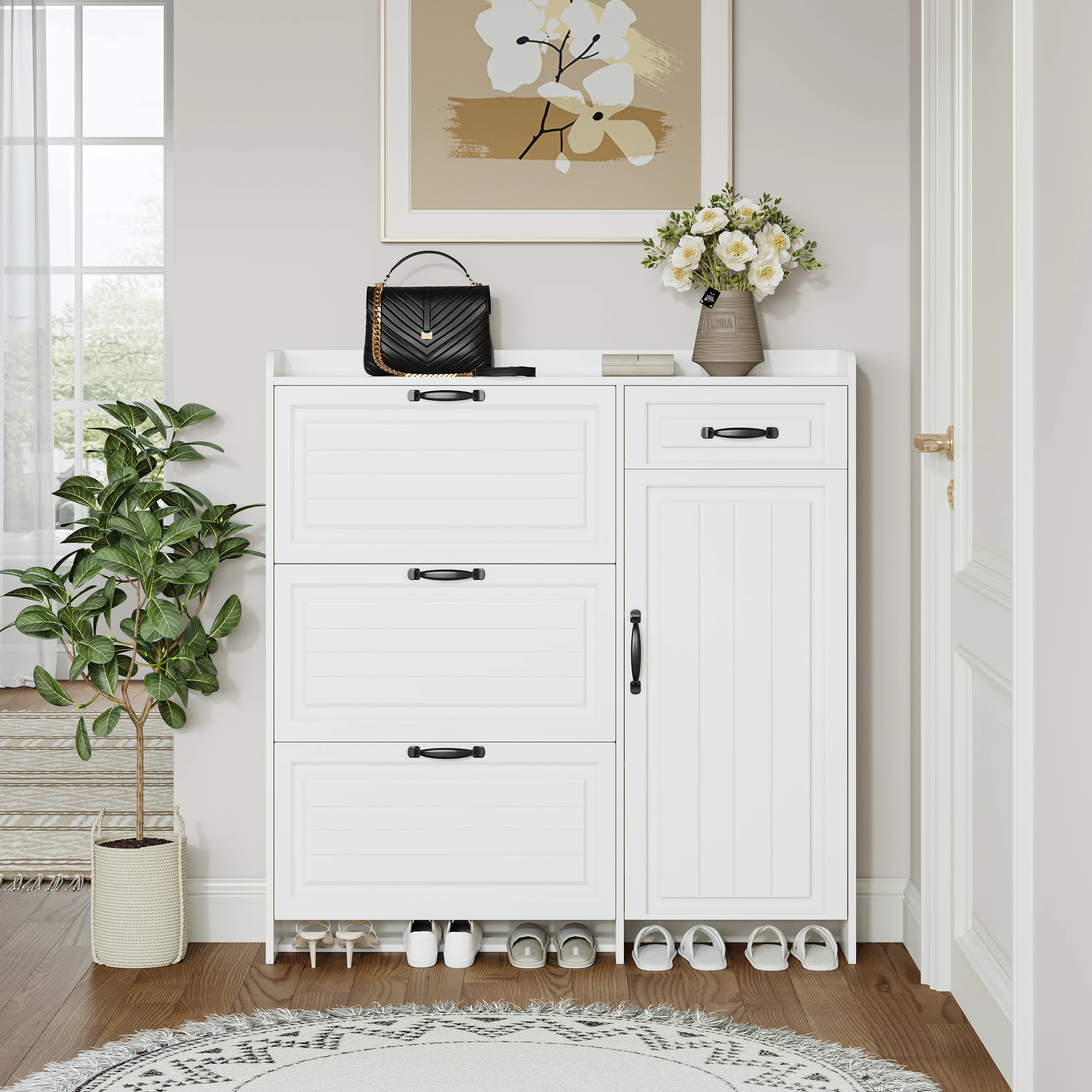 Modern White Wooden Shoe Cabinet with 4 Doors and 1 Drawer Free Shipping Large Storage Space for Living Room Home Furniture