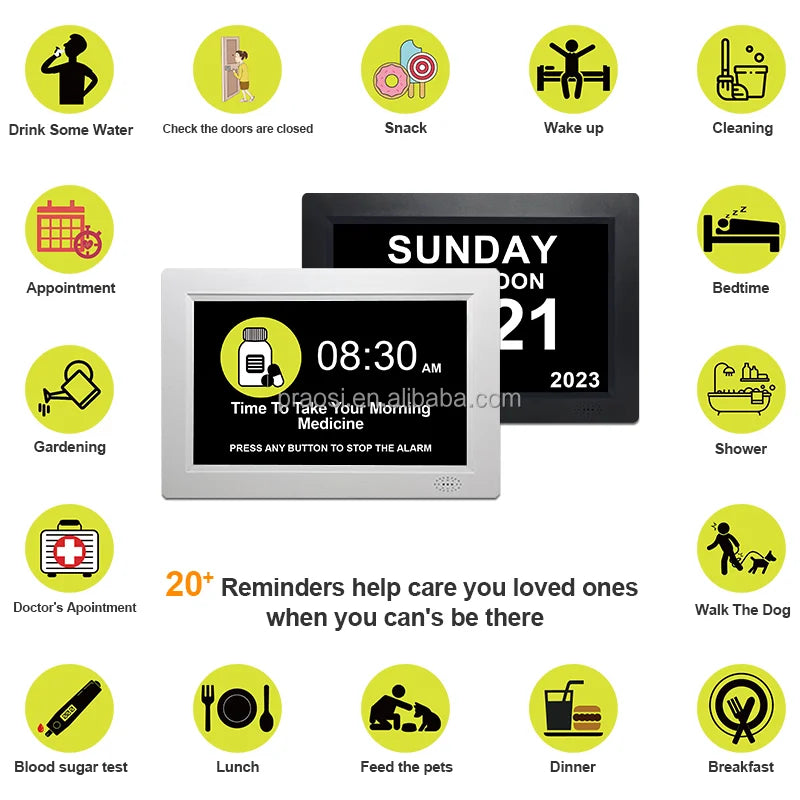 Pros 8" LED Analogue Dementia Clock Auto DST Digital Calendar Alarm Clock Date Time Day Week Medication Reminders Custom Alarms