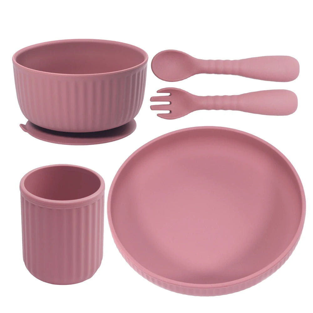 Unbreakable Microwave Safe Slip Resistant Flexible Silicone Baby Toddler Plate Suction Bowl Spoon and Fork Feeding Set