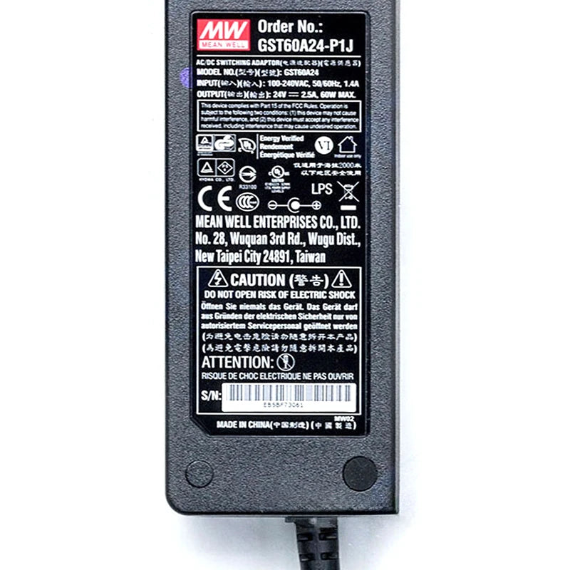Mean Well GST60A24-P1J 24V 2.5A 60W Single Output DC Desktop Power Adapter Class I Energy Efficient