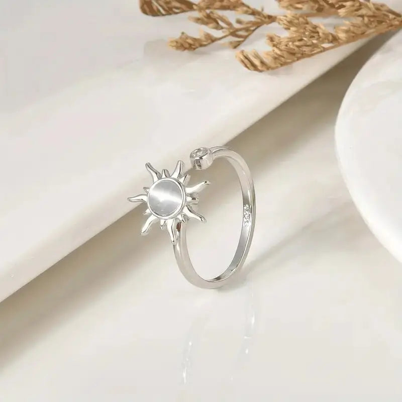 Fine Jewelry Rings Adjustable Opan Band 925 Sterling Silver Ring Moonstone Sunflower Rotating Fidget Design
