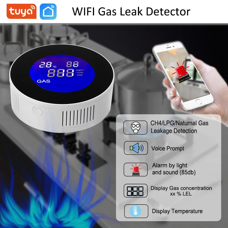 Tuya Wifi Smart Natural Gas Alarm Sensor With Temperature Function Combustible Gas Leak Detector