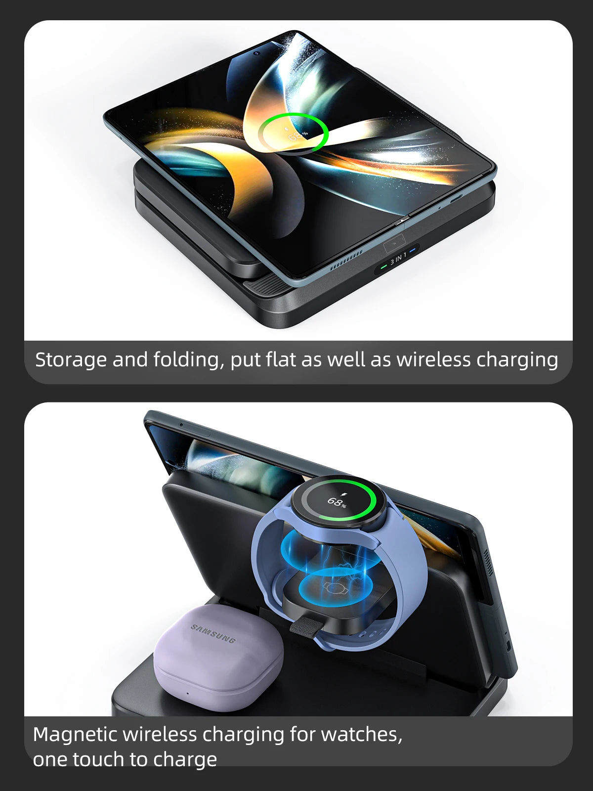 Desk 3 in 1 Wireless Charging Holder Induction 15W Wireless Chargers for Sumsung Dual Coil Foldable Wireless Charger Stand
