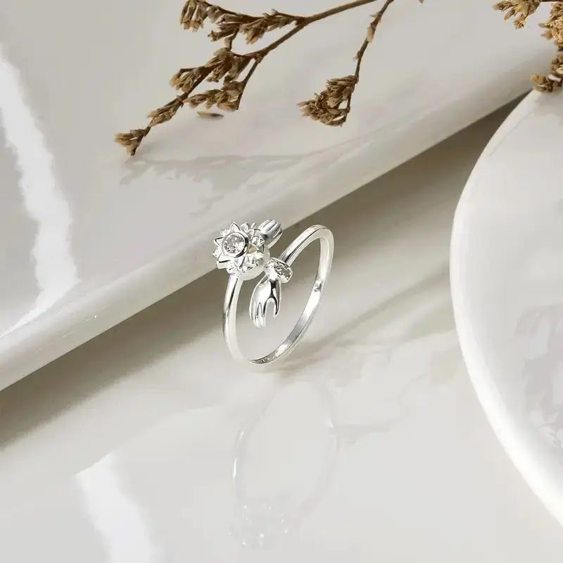 Adjustable Anxiety Fidget Spinner Rings S925 Sterling Silver Fine Jewelry Flower Open Rings for Women