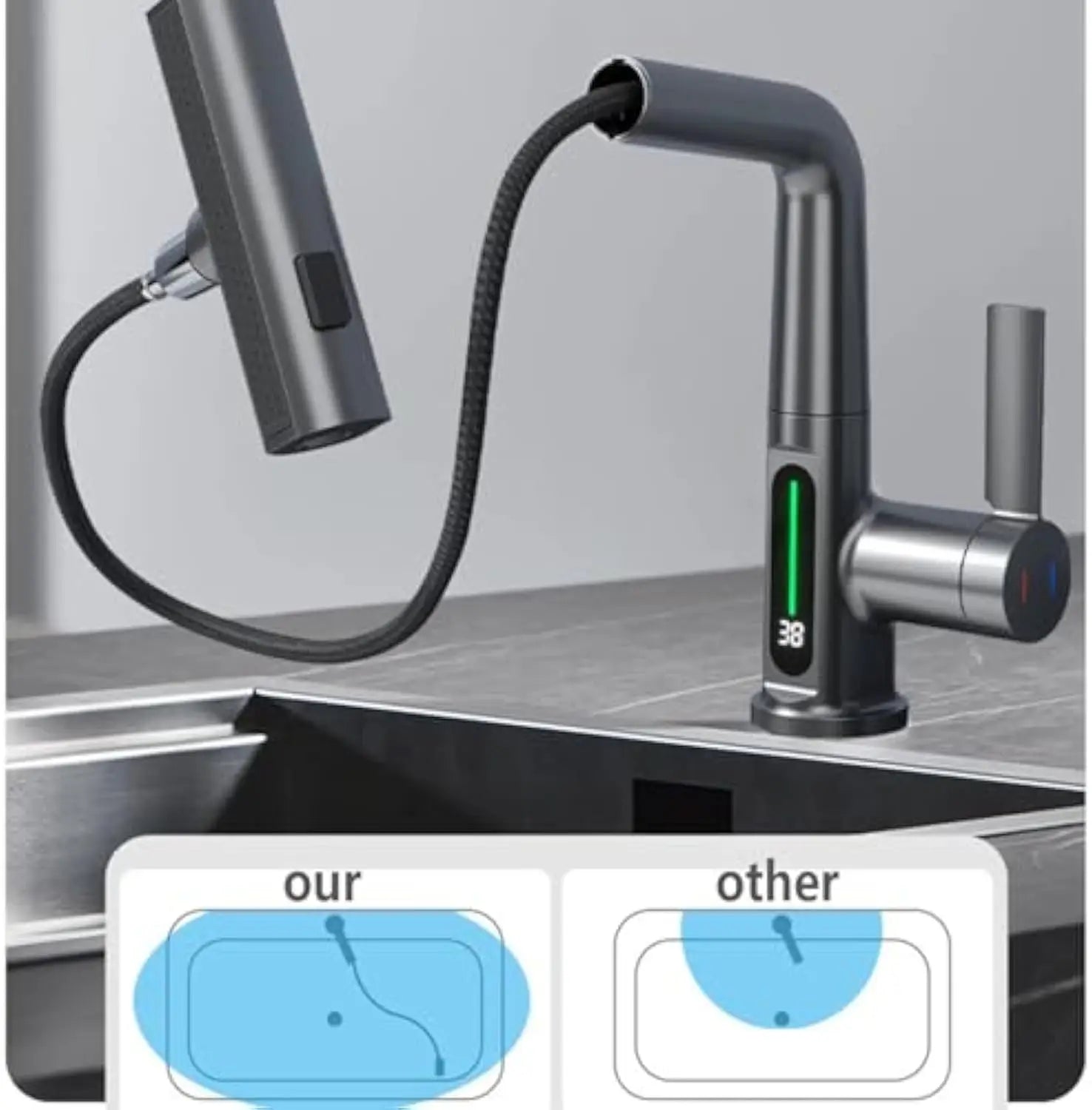 Synchro Modern Bathroom Sink Faucet with LED Temperature Display, 360° Rotation, Waterfall Spout & Pull-Out Sprayer (Hot/Cold)