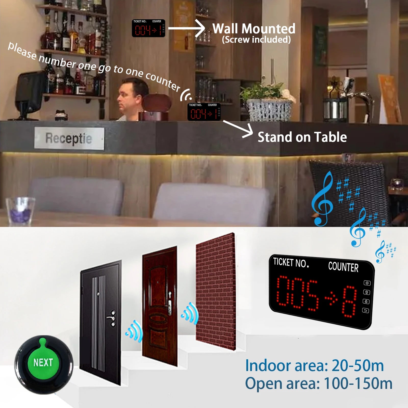 Take a Number Machine Wireless Queue Management System 3pcs NEXT Control Call Button & 1 Counter Display English Voice Broadcast