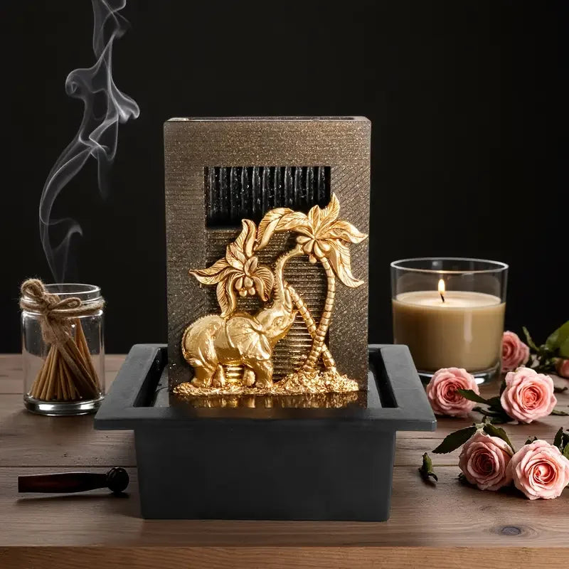 Indoor Elephant Desktop Fountain and Waterfall, Golden Elephant Waterfall Decoration, Perfect for Home Display on TV Stands