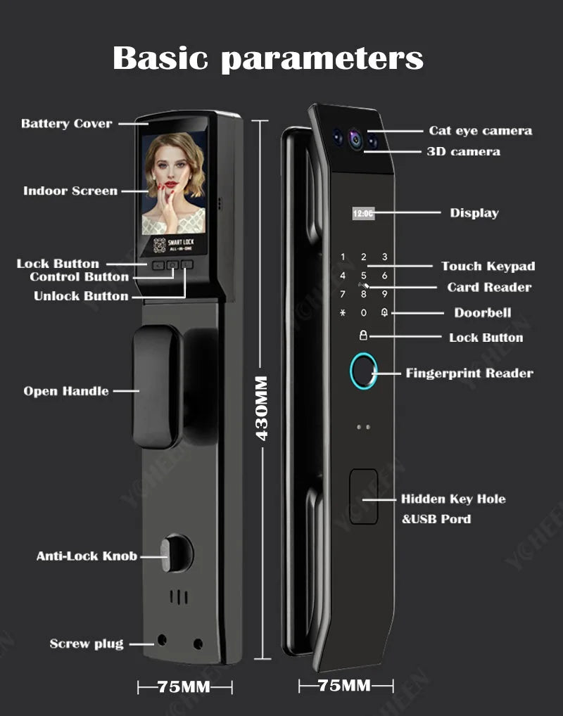 Tuya Wifi 3D Face Recognition Digital Smart Lock Temporary Password Video Intercom Electronic Door Lock Fingerprint Keyless Lock