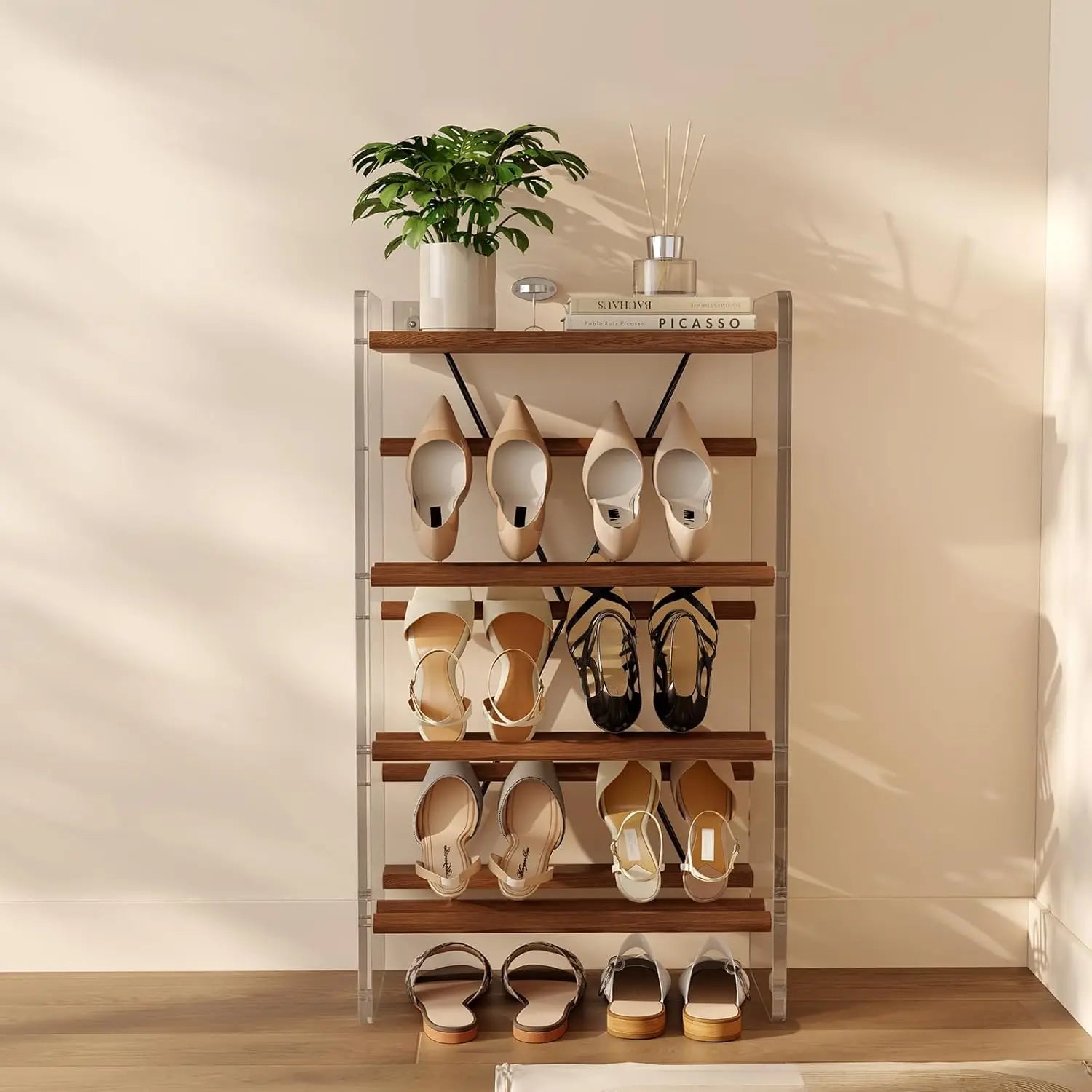 Free Standing Solid Wood 4-Tier Slanted Shoe Rack for Small Spaces Entryway & Front Door Garage Modern Design Style