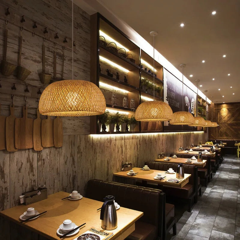 Handmade Round Rattan Shade Chandelier Natural Bamboo Pendant Lighting Wicker Chandeliers for Hotel Restaurant Bar Home Decor