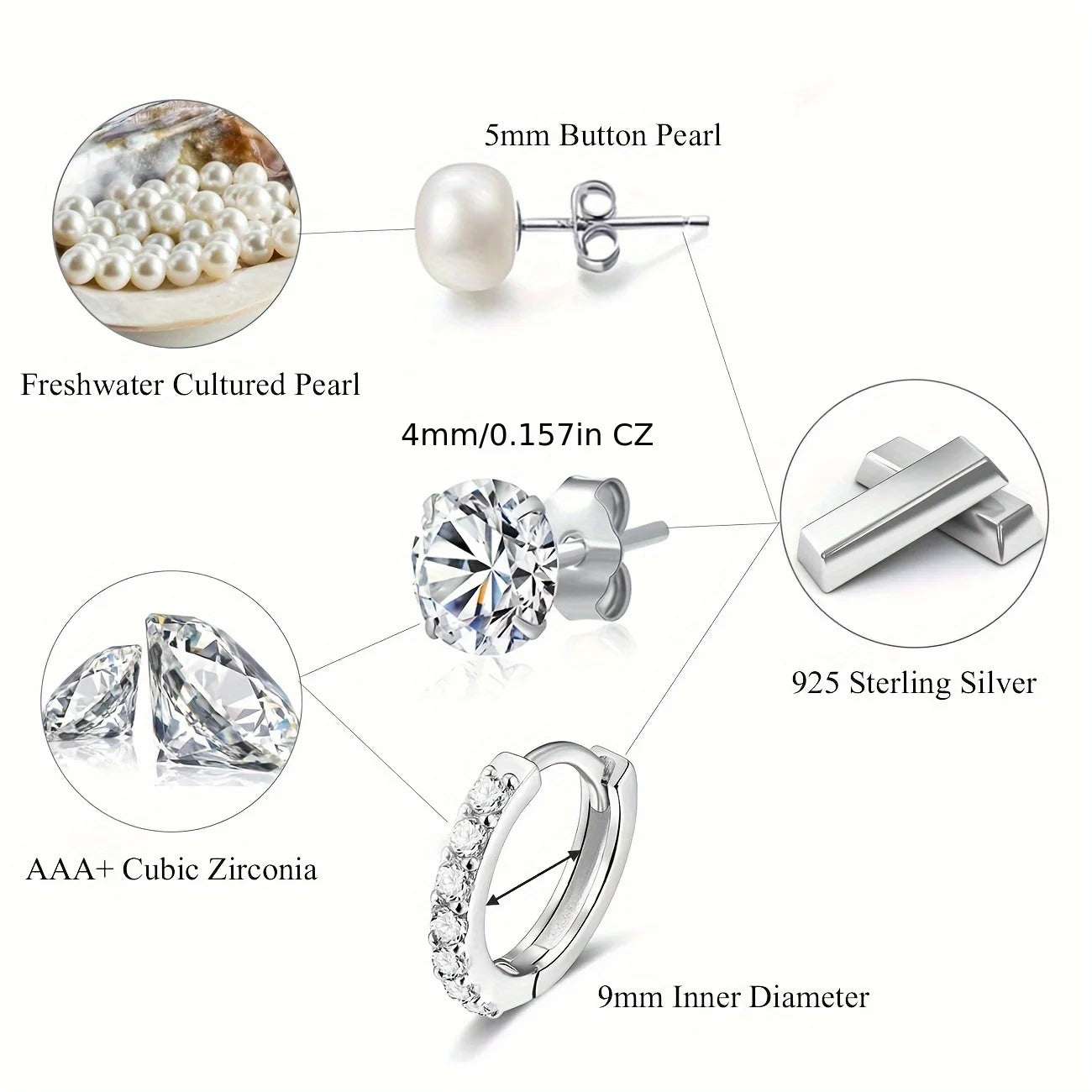 3Pairs Fine Jewelry Earings Set for Women 925 Sterling Silver CZ Freshwater Pearl Earrings Cartilage Studs Hoop Earring