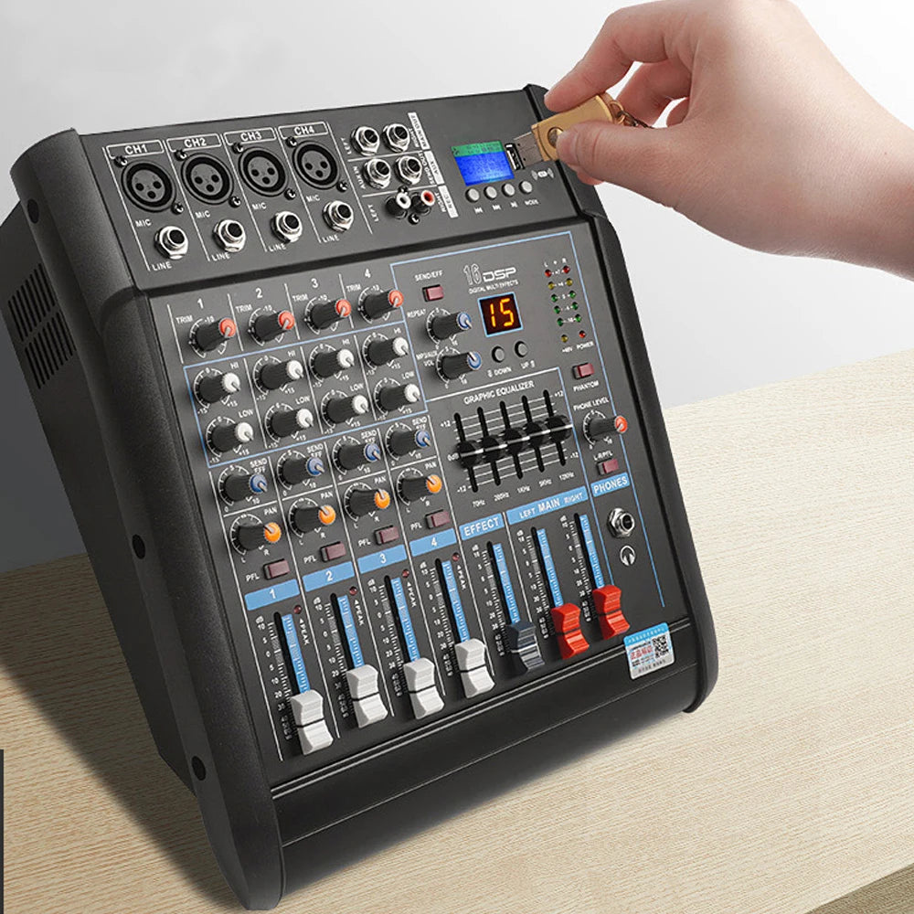 Professional Stage Party Use 4-Channel USB Audio Mixer with 250W*2 Power Amplifier and 2 UHF Wireless Microphones