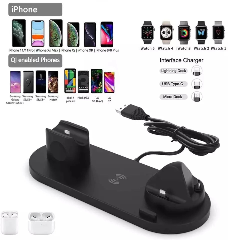 Tabletop 15W Fast Charging 6 in 1 Rotate Holder Universal Wireless Chargers 3 in 1 Dock for iPhone 15 14 13 12 Wireless Charging