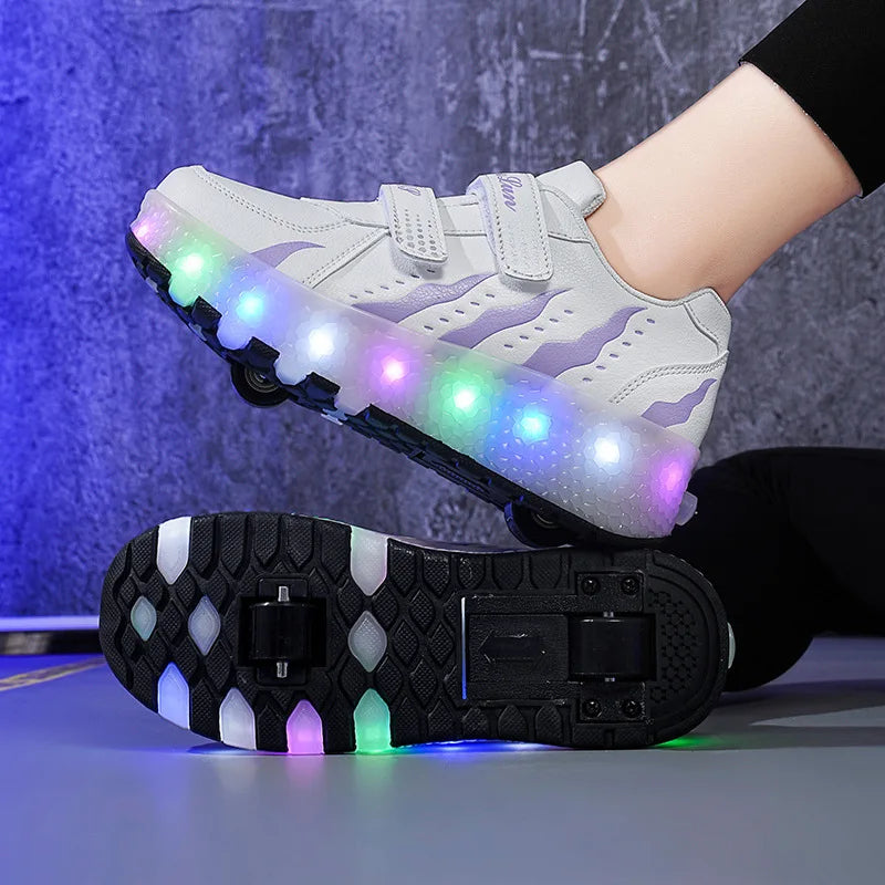 Ponerait Boys and Girls Sport Shoes LED Light Luminous Walking Shoes with Wear-Resistant Pulley Children's Two-Wheel Wearable