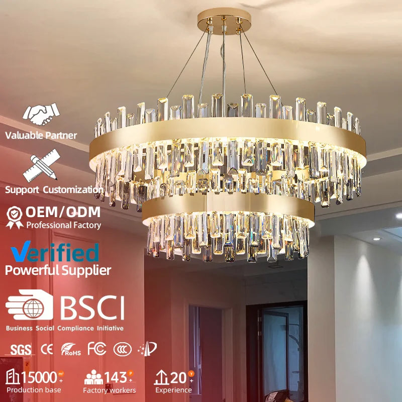 Classic Modern Luxury Villa Round Wedding Crystal LED Chandelier Light for Hotel Livingroom Adjustable Height Pendant Lamp