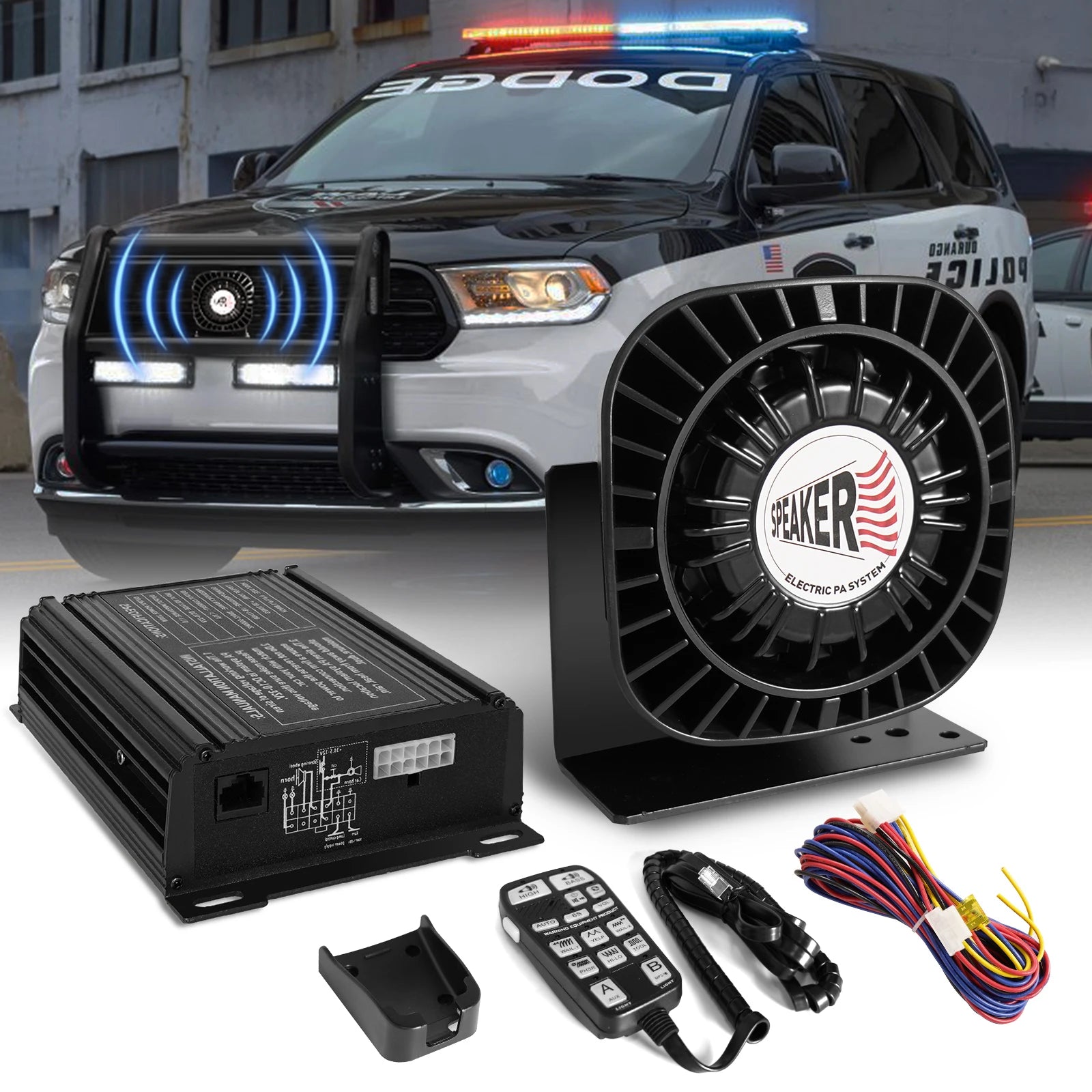200W Emergency Polices Siren Speaker Kit Multi-Tones Extra Slim PA System for 12V Vehicles Car Alarms Handheld Microphone