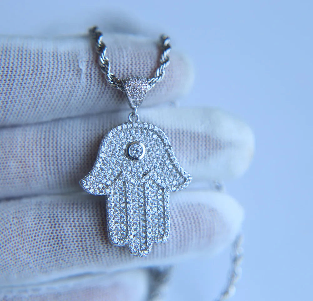 Hamsa Hand Pendant Collection Micro Pave 5a Cz Hip Hop Men Bling Lucky Turkish Jewelry Necklace