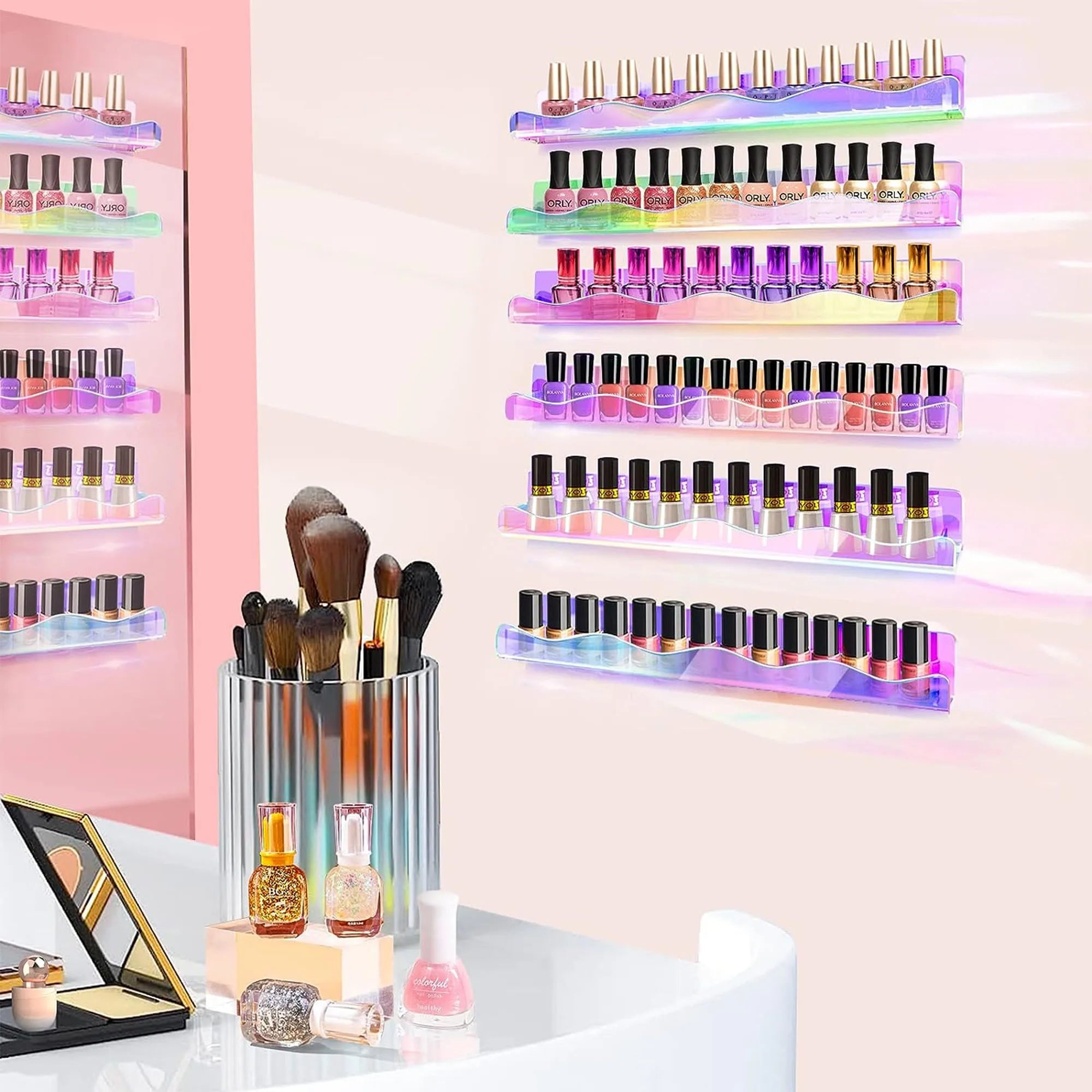 2pcs Acrylic Nail Polish Organizer Wall Mounted Transparent Polish Display Stands Holders Nail Tech Organizers and Storage Rack