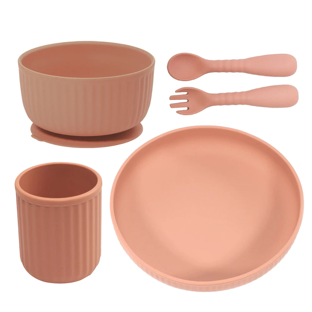 Unbreakable Microwave Safe Slip Resistant Flexible Silicone Baby Toddler Plate Suction Bowl Spoon and Fork Feeding Set