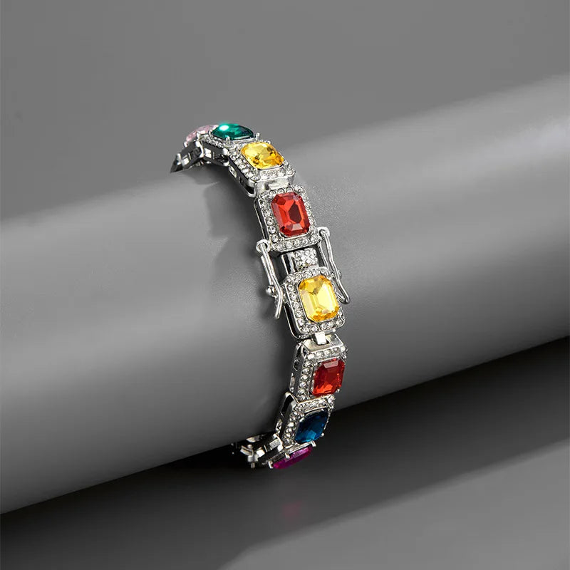 2025 Ladies Hip Hop Silver/gold Zircon Box Rainbow Color Cz Diamond Tennis Cuban Link Chain Choker Necklaces and Bracelets 10mm