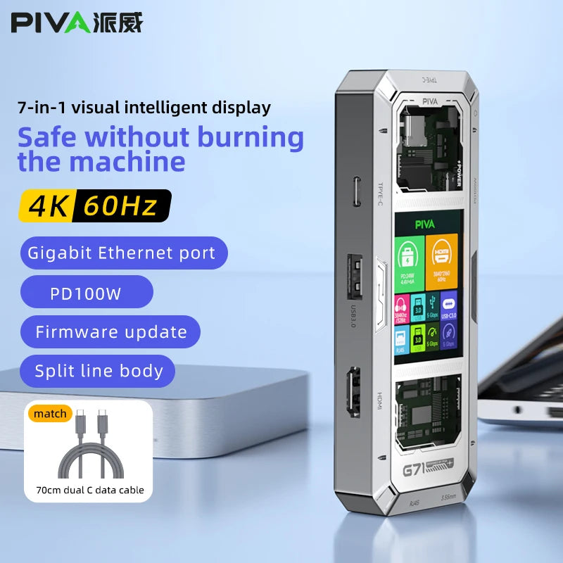 G71 7 in 1 Aluminum Alloy Office Docking Station Smart Screen Display for 2.0 Type-C to USB 3.0 HUB PD100W Adapter in Stock