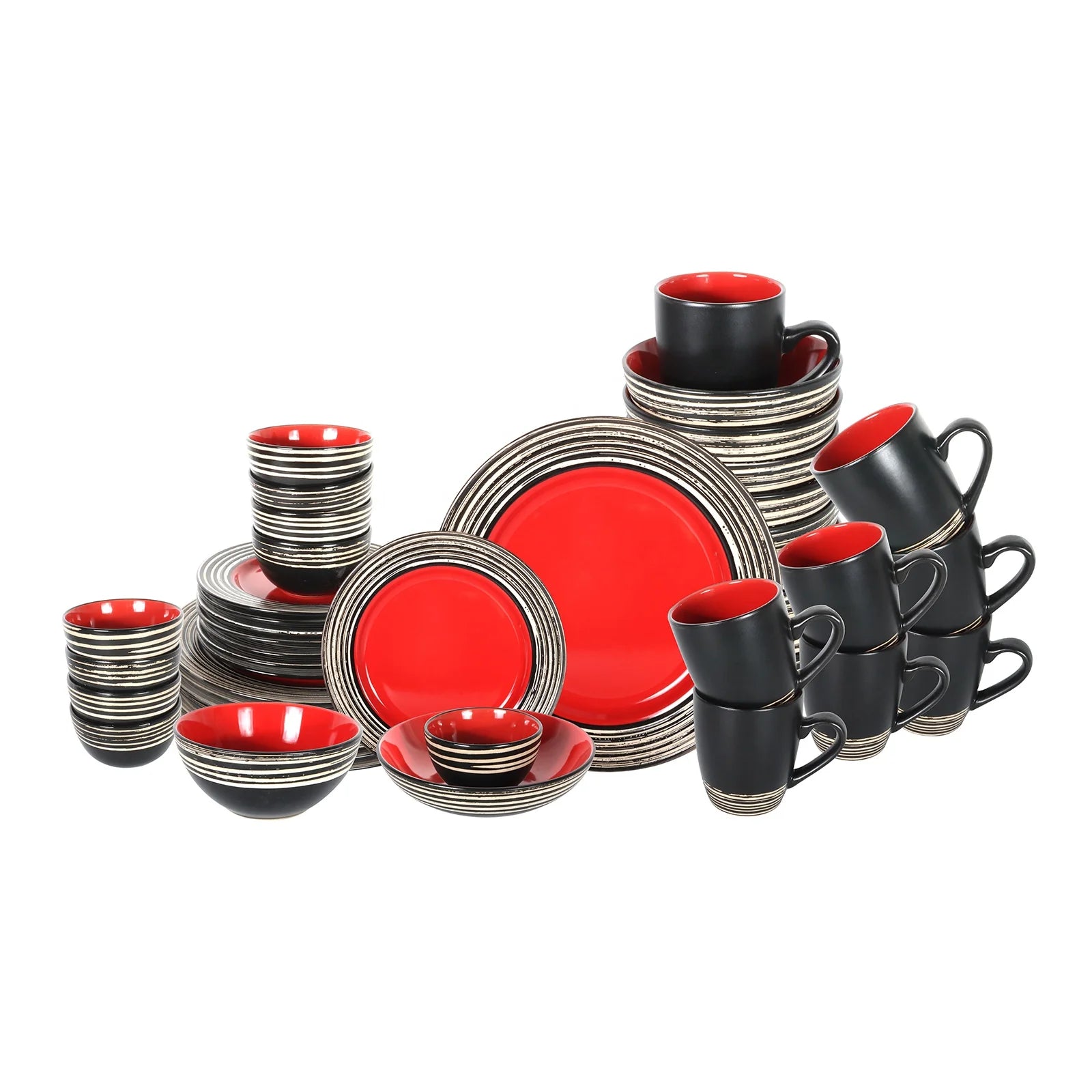Semtember Promotion Red Round Dinner Plates Unique Design Kitchen Plates Set Microwave Safe Premium Stoneware Ceramic Dinner Set