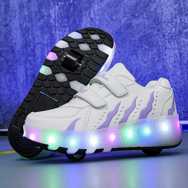 Ponerait Boys and Girls Sport Shoes LED Light Luminous Walking Shoes with Wear-Resistant Pulley Children's Two-Wheel Wearable