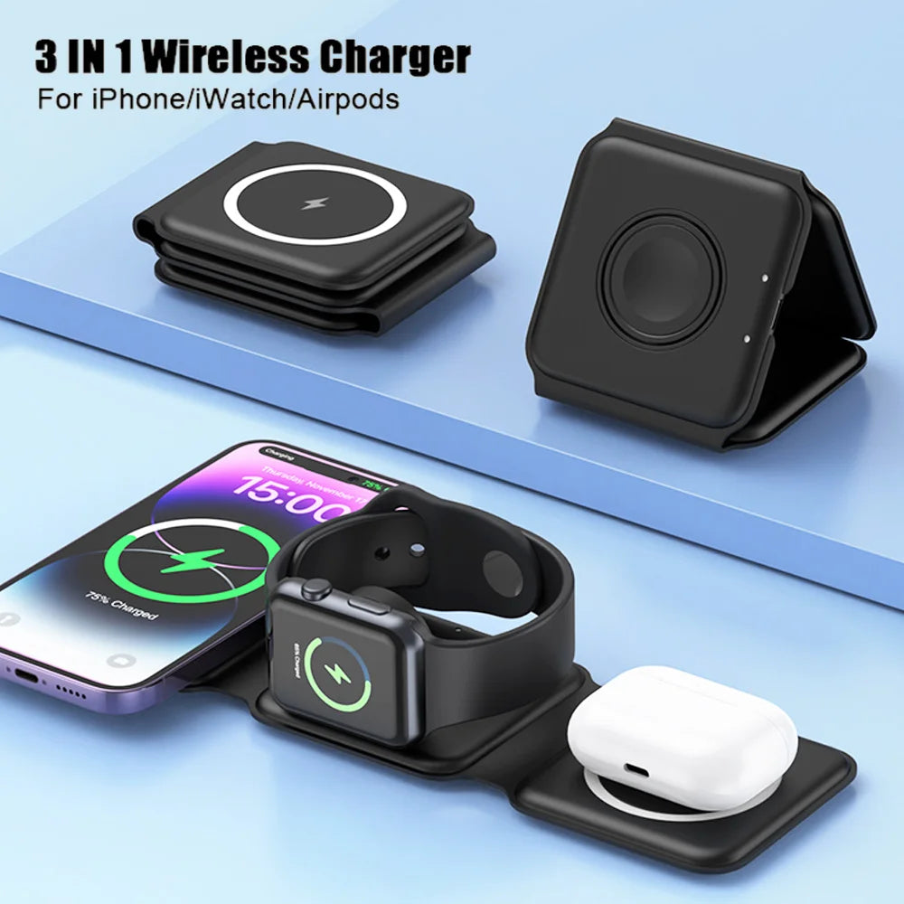 Hot Selling 3 in 1 Foldable Magnetic Wireless Charging Station for Mobile Phone Fast Charging Desktop Charger Stand
