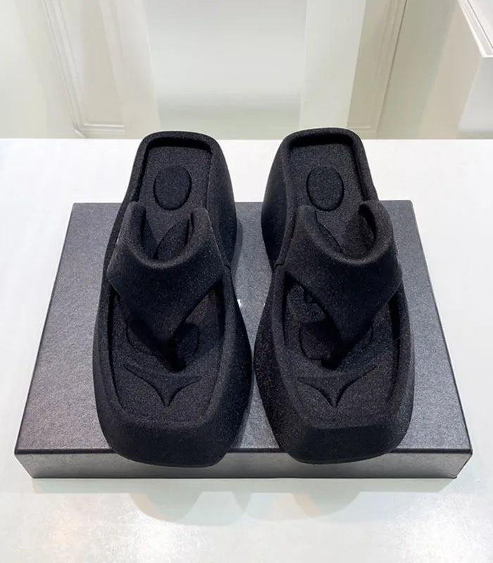 Women Spring Summer Sandals Beach Thick Sole Platform Slippers Slip-on Personalized Square Head High Wedge Flip Flops