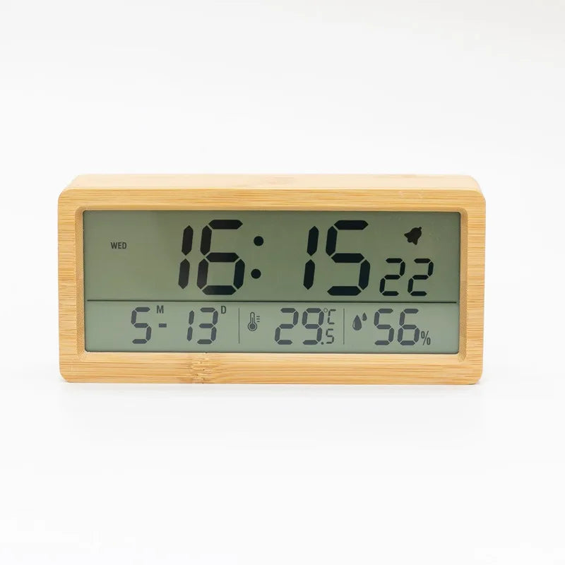 Huayang's New Solid Wood Clock With Simple Temperature And Humidity 1906 Night Light Bedside , Large Screen LCD Wooden Alar