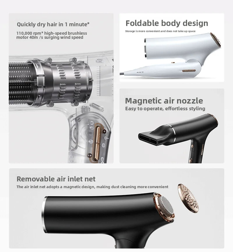 110000 RPM High-Speed Electric Foldable Hair Dryer 1500W Portable Ionic Blow Dryer with Diffuser and Negative Ion for Hotels