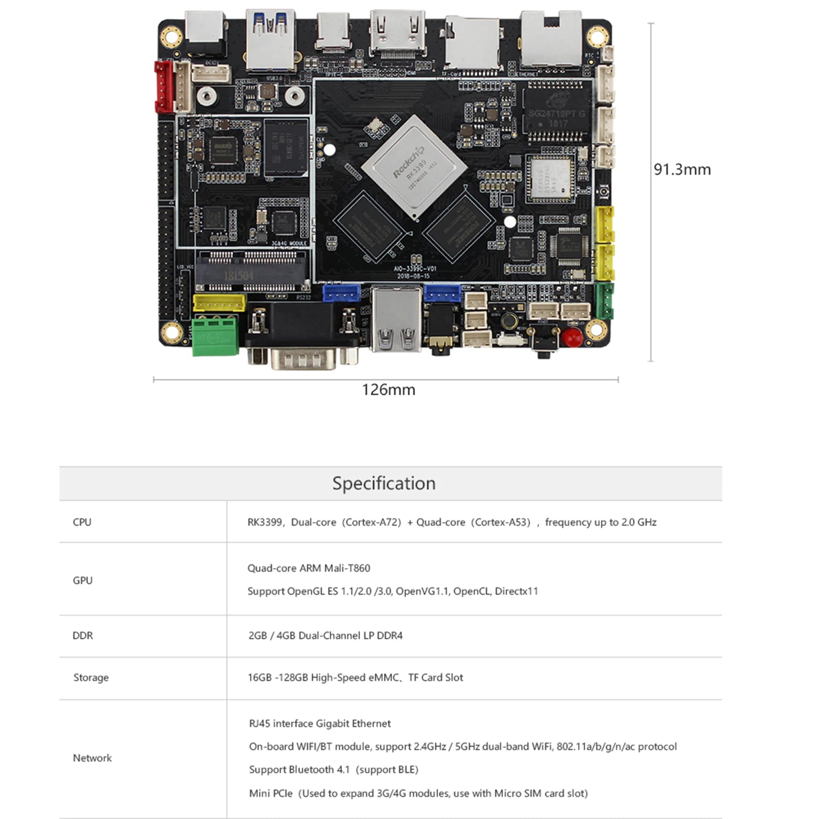 AIO-3399C Open Source AI Development Board Main Board for Mobile Edge Computing Smart Home Devices Facial Recognition AI Server