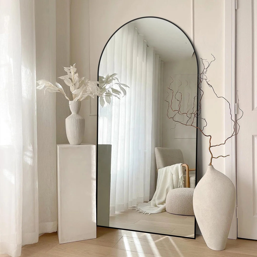 Modern European Extra Large Arch Full Body Length Silver Metal Framed Lighted Decorative Floor Mirror