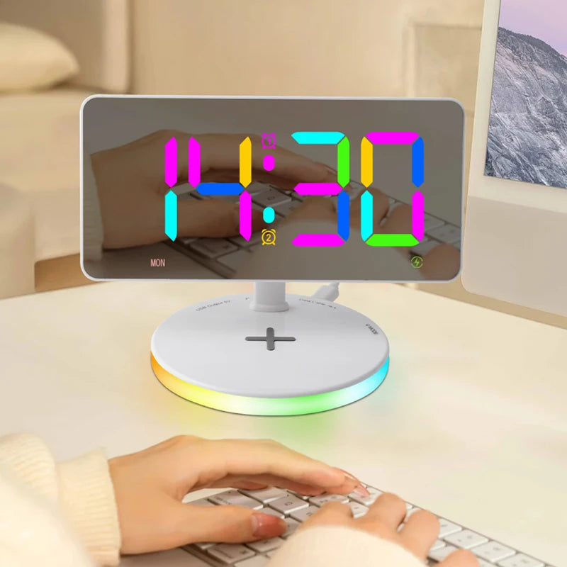 2 Groups of Alarms Display Week on the Screen Digital Led Alarm Clock Night Light Magnetic Wireless Charger