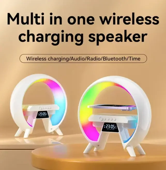 Fasion Mini Portable Audio Loudspeaker Speaker with Wireless Charger LED RGB Lamp Alarm Clock for Mobile Phone Indoor Outdoor