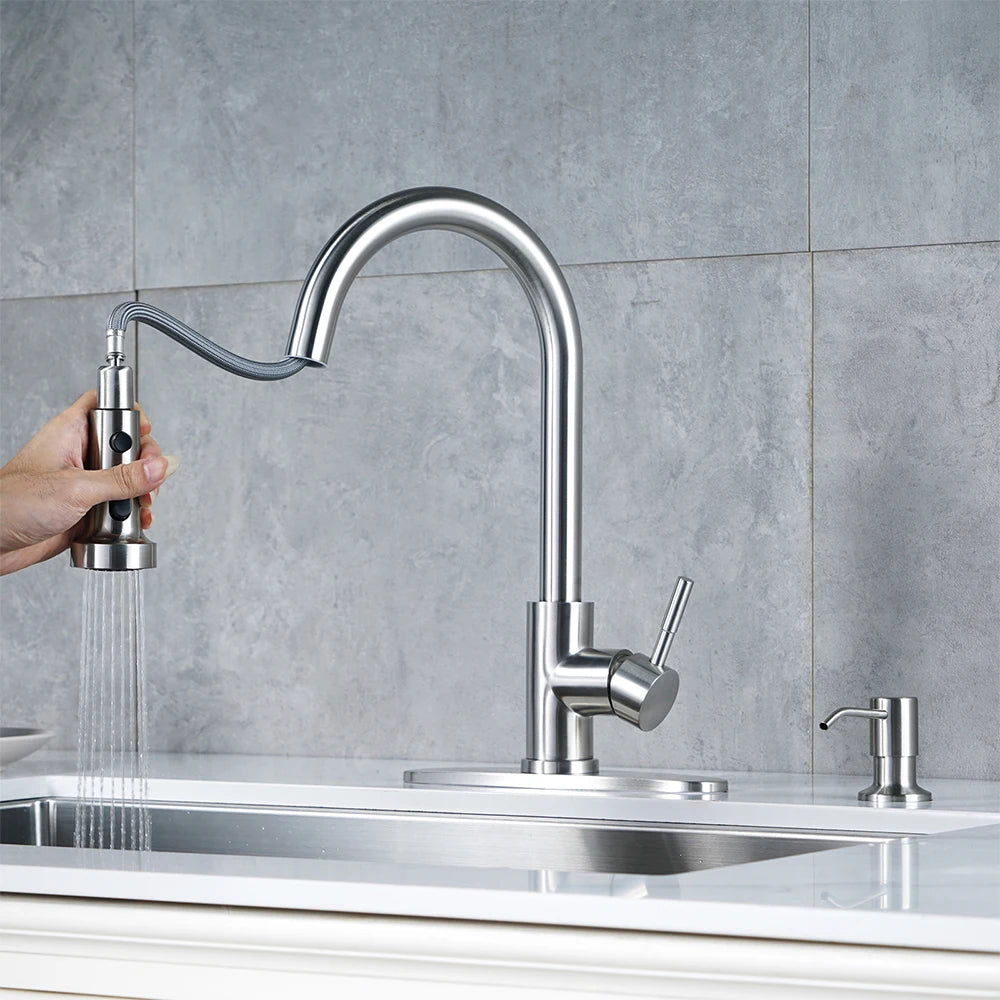 Modern Kitchen Faucet with Soap Dispenser,Nickel Kitchen Mixer Tap Stainless Steel Sink Faucet for Sink RV Laundry Bar