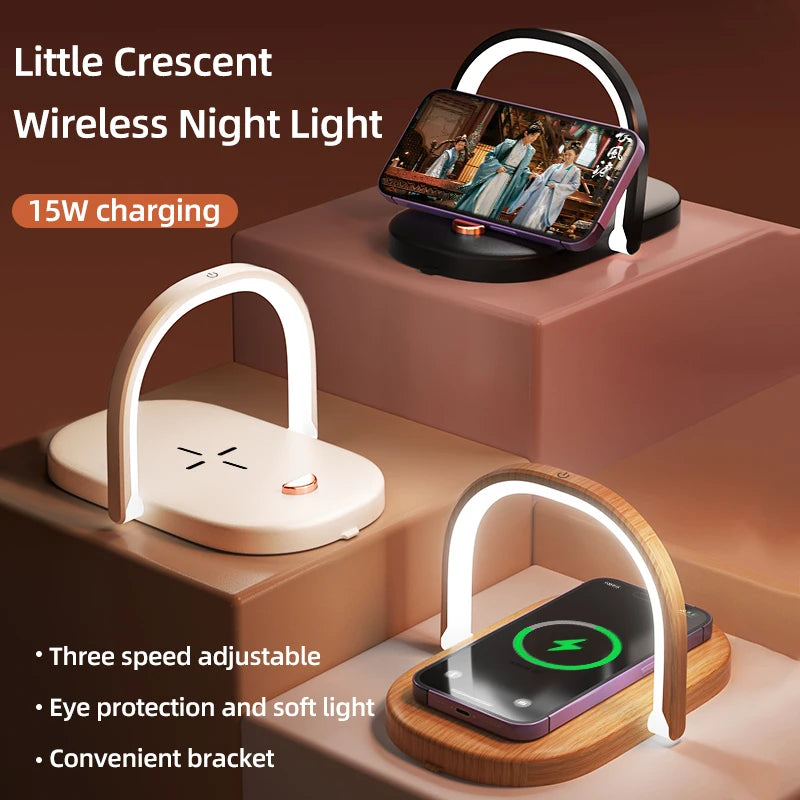 2024 Hot  Led Table Desk Lamp With Phone Wireless Chargers Stand 15w Fast Wireless Phone Charger Lamp Wooden Holder