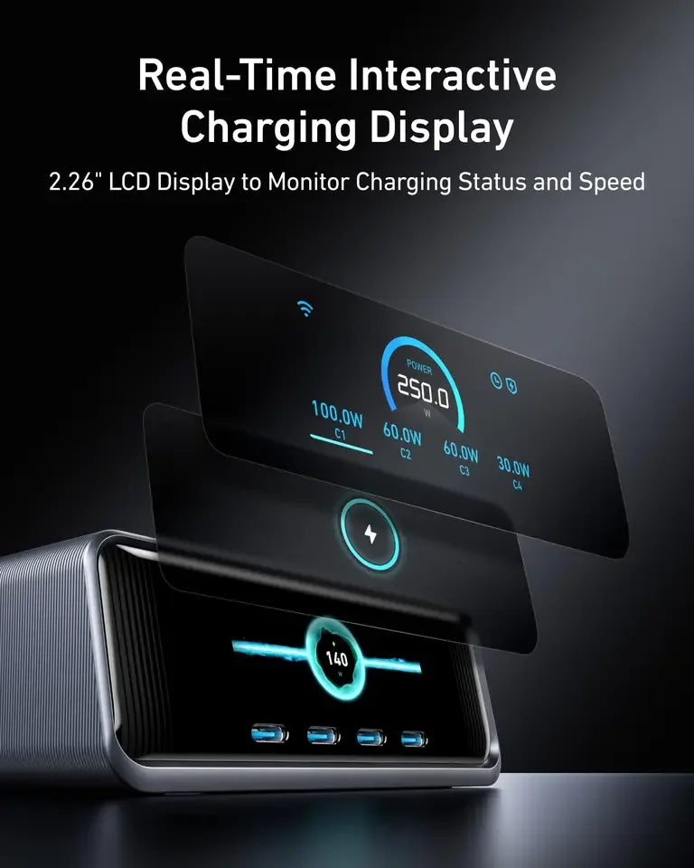 Anker Prime Charger 250W GaN Ultra-Fast 6-Port USB C Charging Station with 2.26\" LCD Display and Smart Control Dial A2345