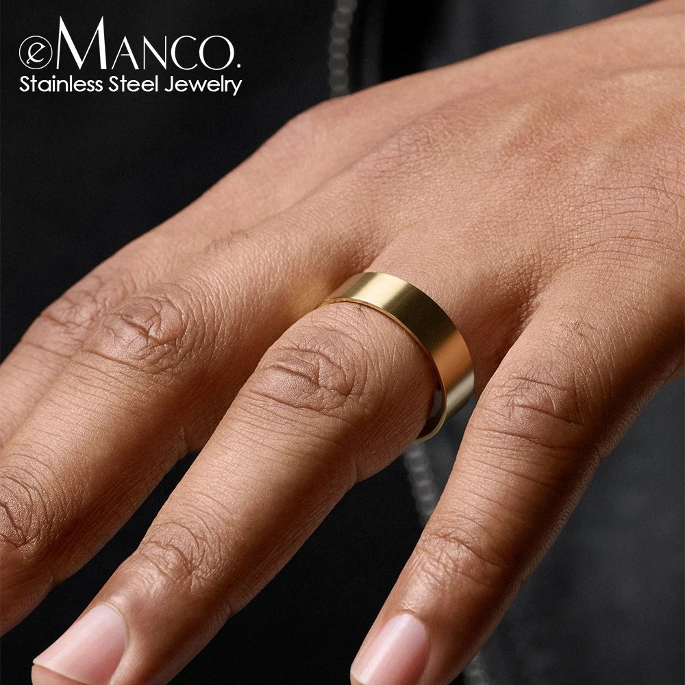 EManco Popular European Vintage Simple Jewelry 18K Gold Plated Men Minimal Unisize Open Ring 316 Stainless Steel