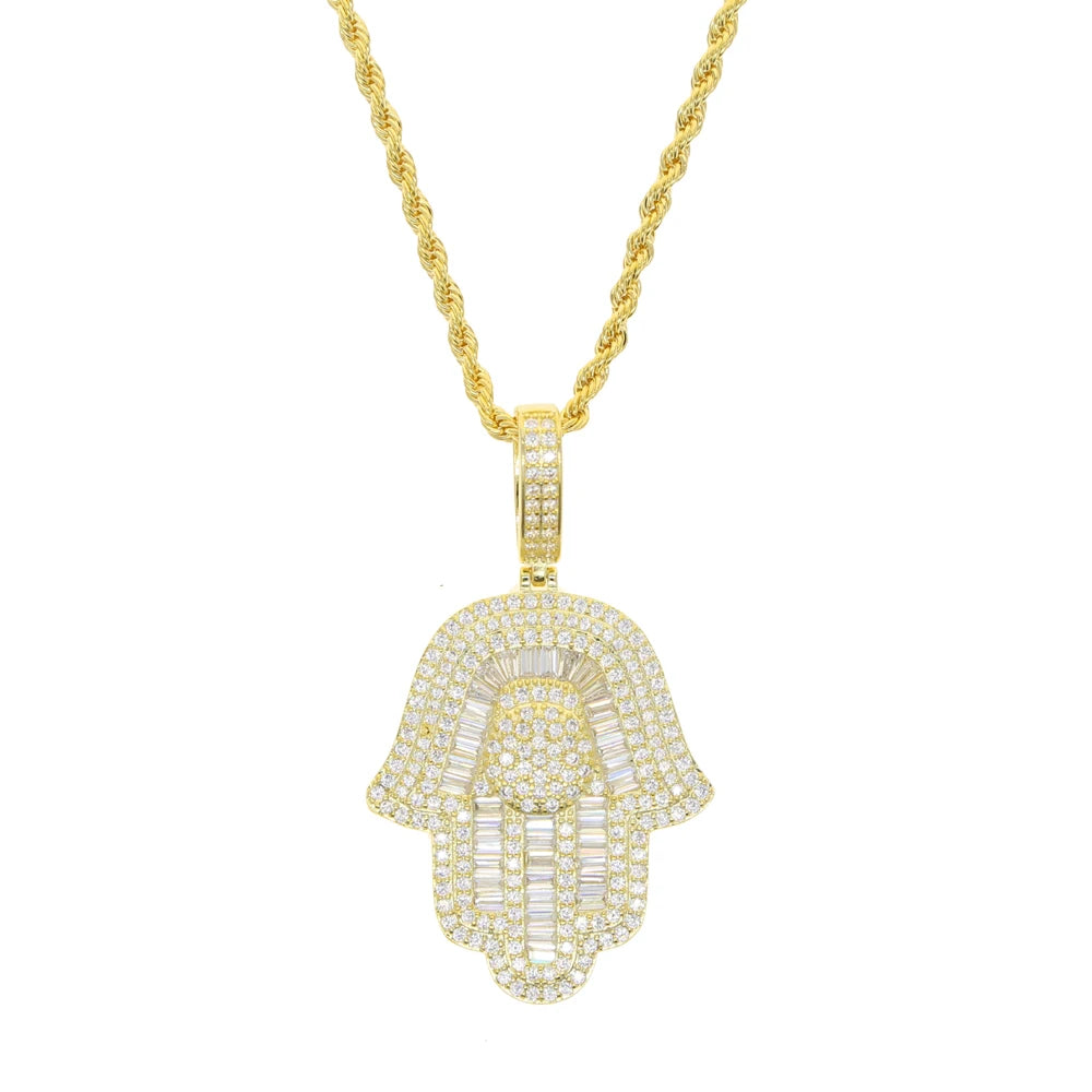 Hamsa Hand Pendant Collection Micro Pave 5a Cz Hip Hop Men Bling Lucky Turkish Jewelry Necklace