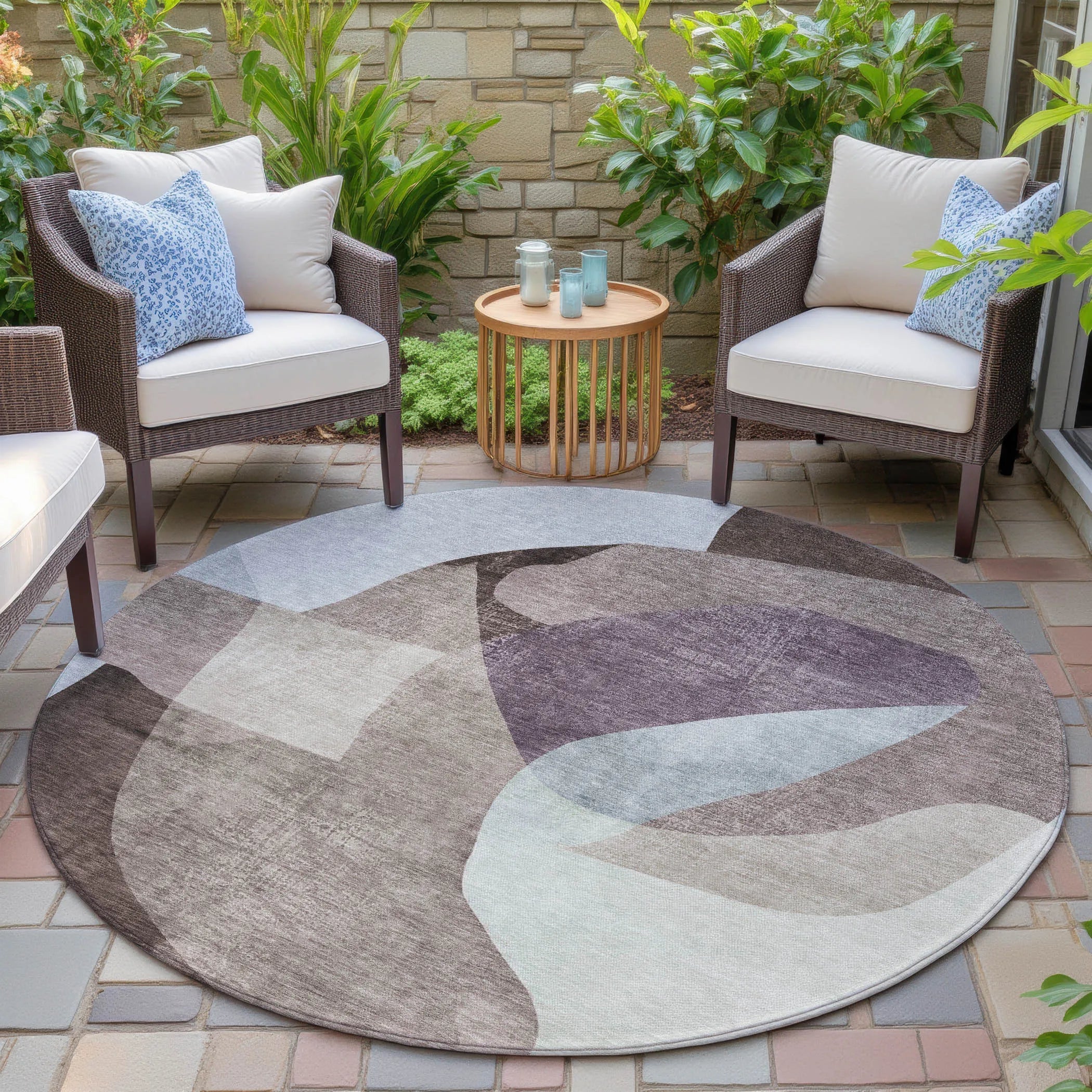 HMS 8' Brown and Taupe Round Abstract Indoor Outdoor Area Rug Washable Carpets for Indoors and Outdoors