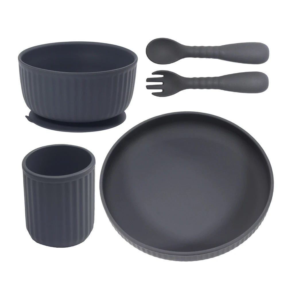 Unbreakable Microwave Safe Slip Resistant Flexible Silicone Baby Toddler Plate Suction Bowl Spoon and Fork Feeding Set