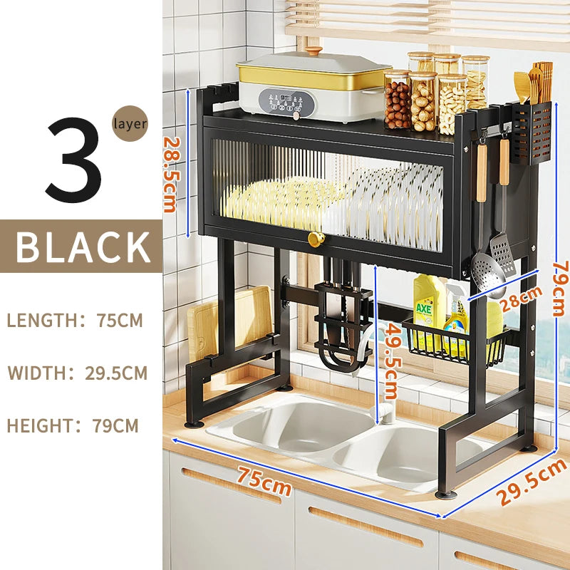 Over Sink Dish Drainer Drying Rack Removable 3 Tier Large Cutlery Shelf  with Dustproof Cover Kitchen Storage Counter Organizers