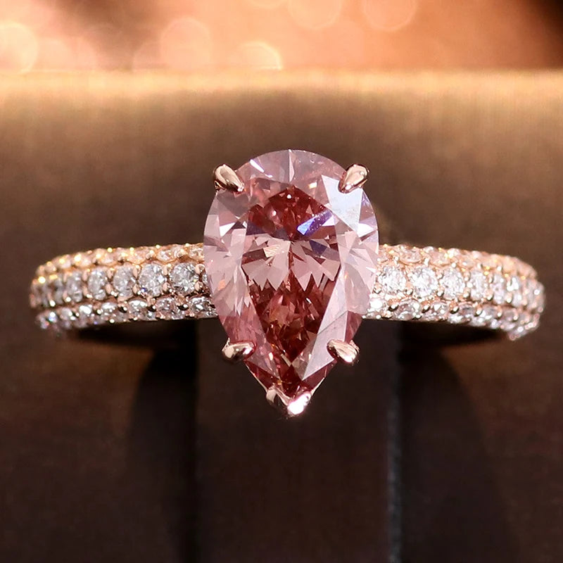 Fine Jewelry Rings Pear Cut pink Color 1 Cara Lab Diamond 18k Yellow Gold  Dainty Ring with Side Stones Ring for Woman Jewelry