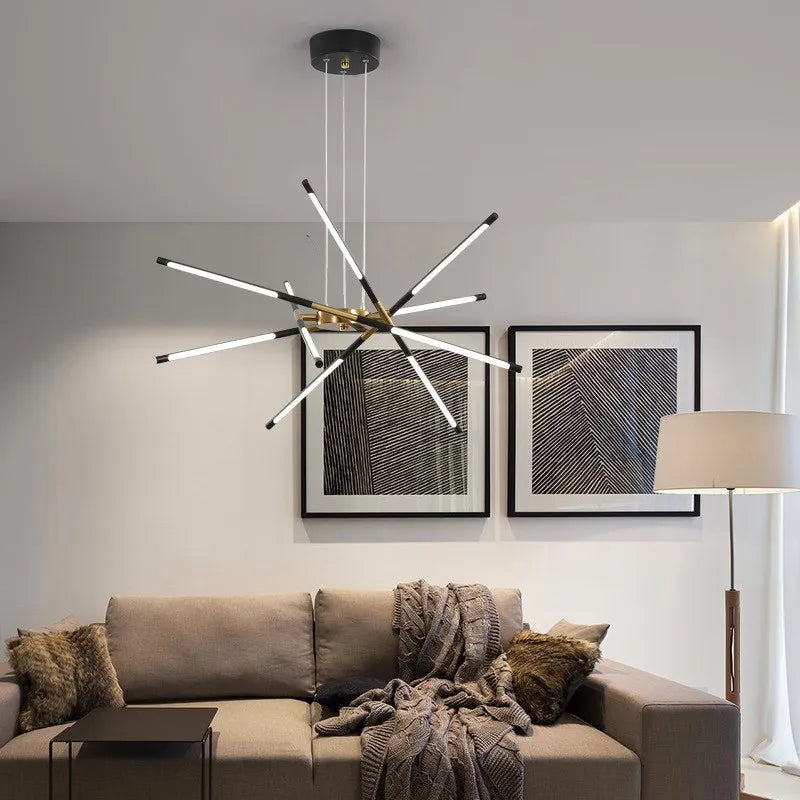 Nordic Simple Modern Sputnik Pendant Lights Dimmable Linear LED Chandelier for Restaurant Living Room E26 Base Long Shape
