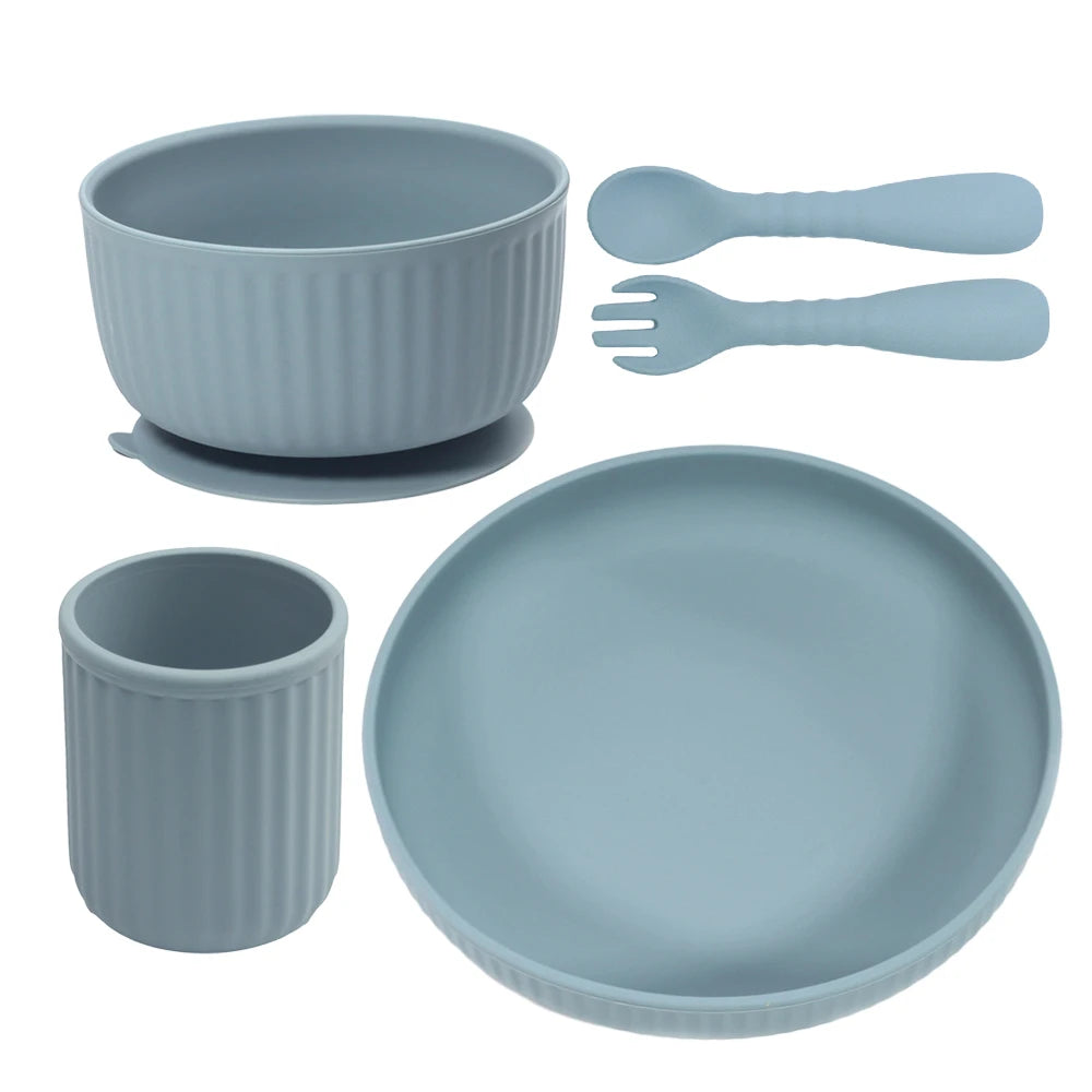 Unbreakable Microwave Safe Slip Resistant Flexible Silicone Baby Toddler Plate Suction Bowl Spoon and Fork Feeding Set