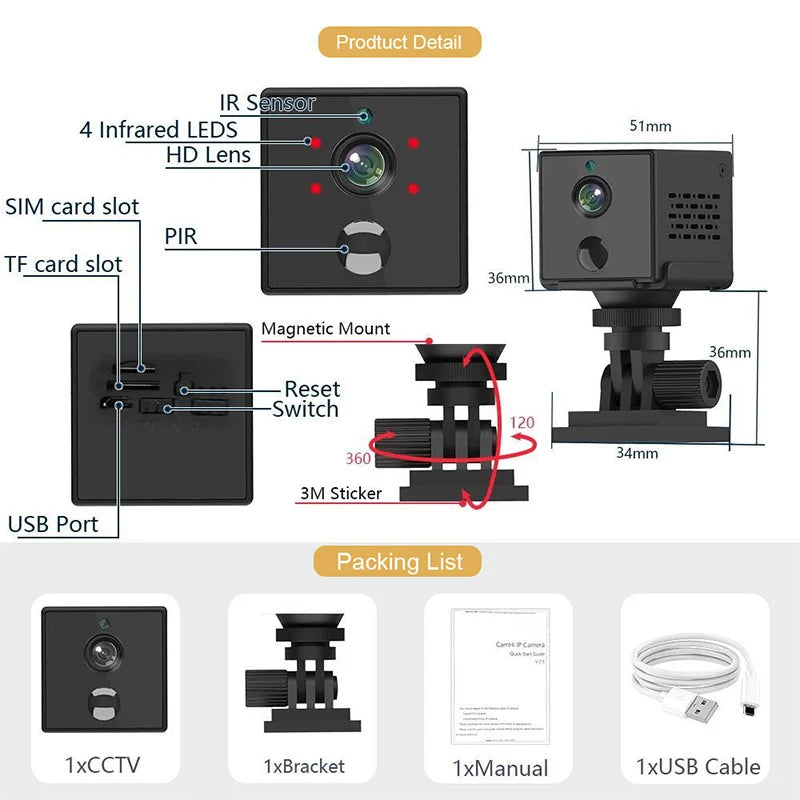 Wistino 3MP 4g SIM Card Mini Cameras Motion Detection Alarm Push Indoor Home Small Baby Monitor Camera