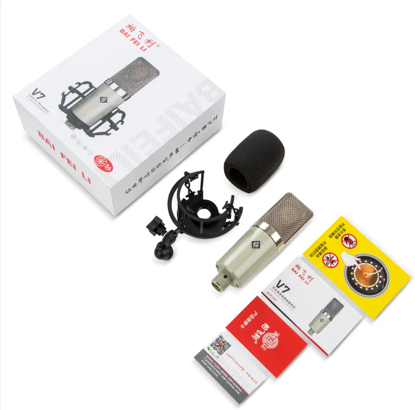 BAIFEILI V7 Professional Studio Recording Metal Condenser Microphone Wired Shock Mount Style for Podcast Equipment Gaming