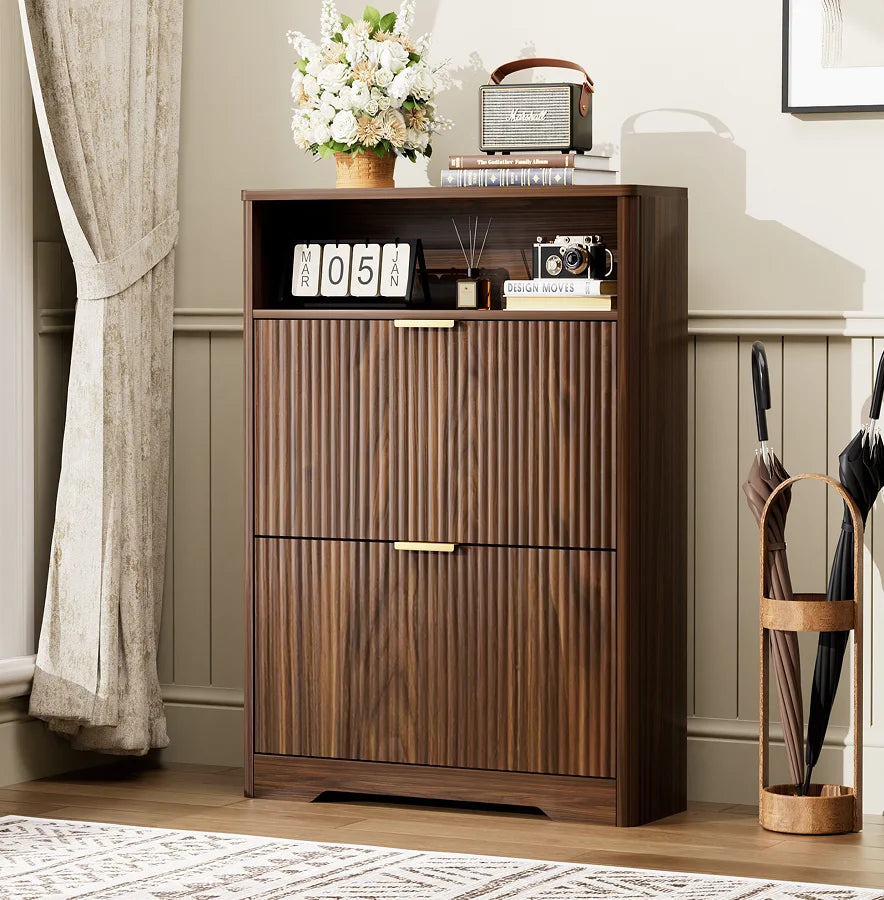 Solid Wood Modern Shoe Cabinet Storage Entryway Hidden Shoes 2 Flip Drawers Tall Free Standing Shoe Organizer Rack Foyer