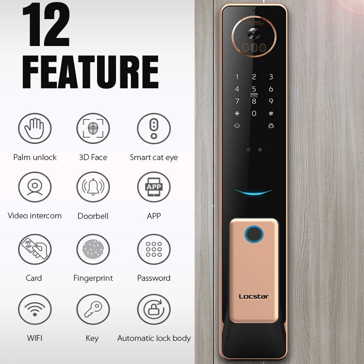 Locstar 3D Face Palm Vein Recognition Smart Fingerprint Digital Biometric Safe Tuya Wifi Door Lock With Camer and Doorbell